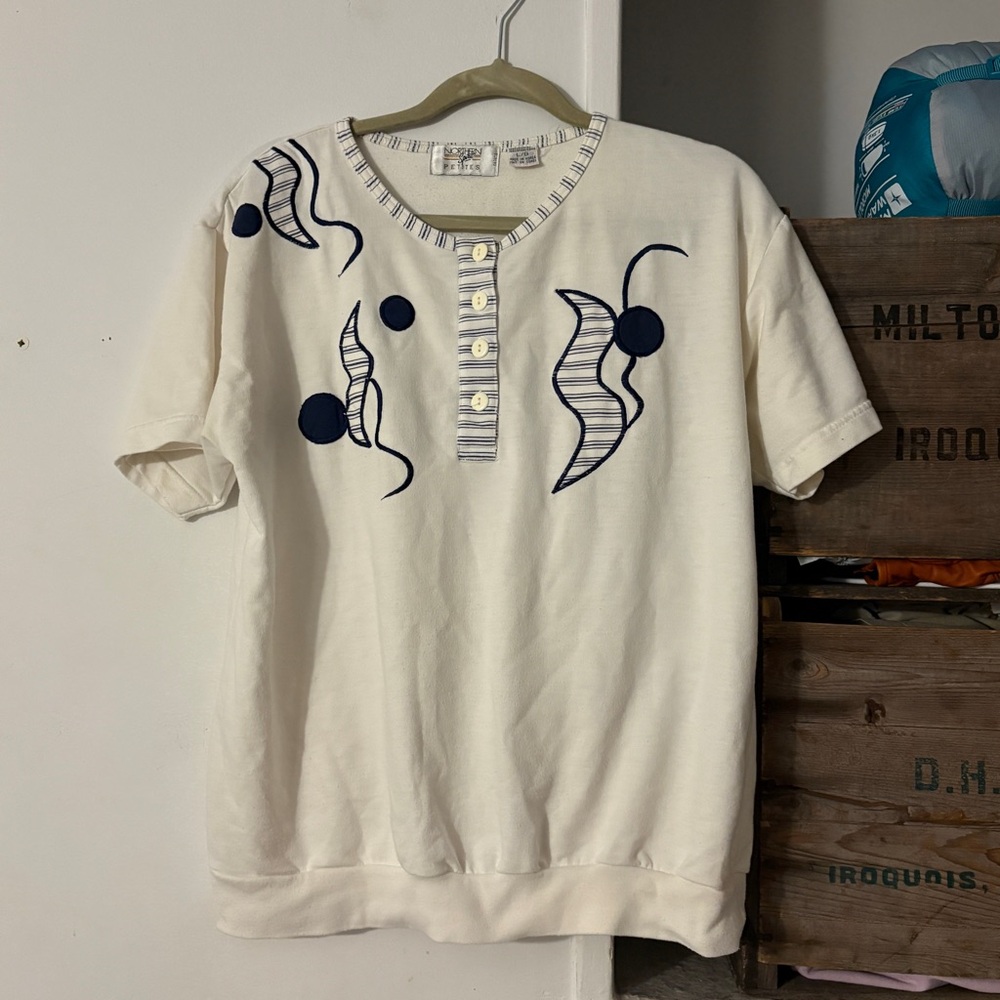 Vintage Cream and Navy Graphic Short Sleeve Top Northern Spirit Petites Large